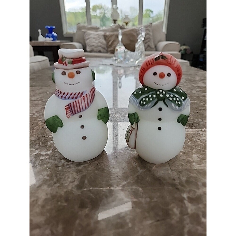 Fenton 95th Anniversary Mr & Mrs Snowman Glass Hand Painted Artist Signed